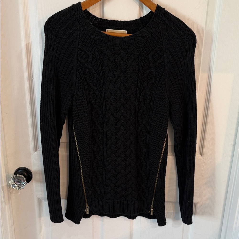 Michael Kors Black Cable-Knit Crewneck Sweater with Side Zippers